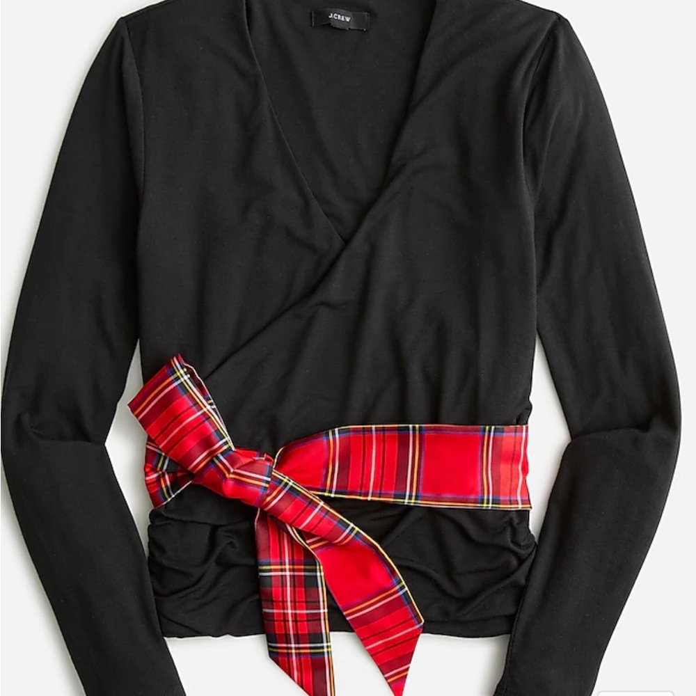 Jcrew wrap top with tartan bow